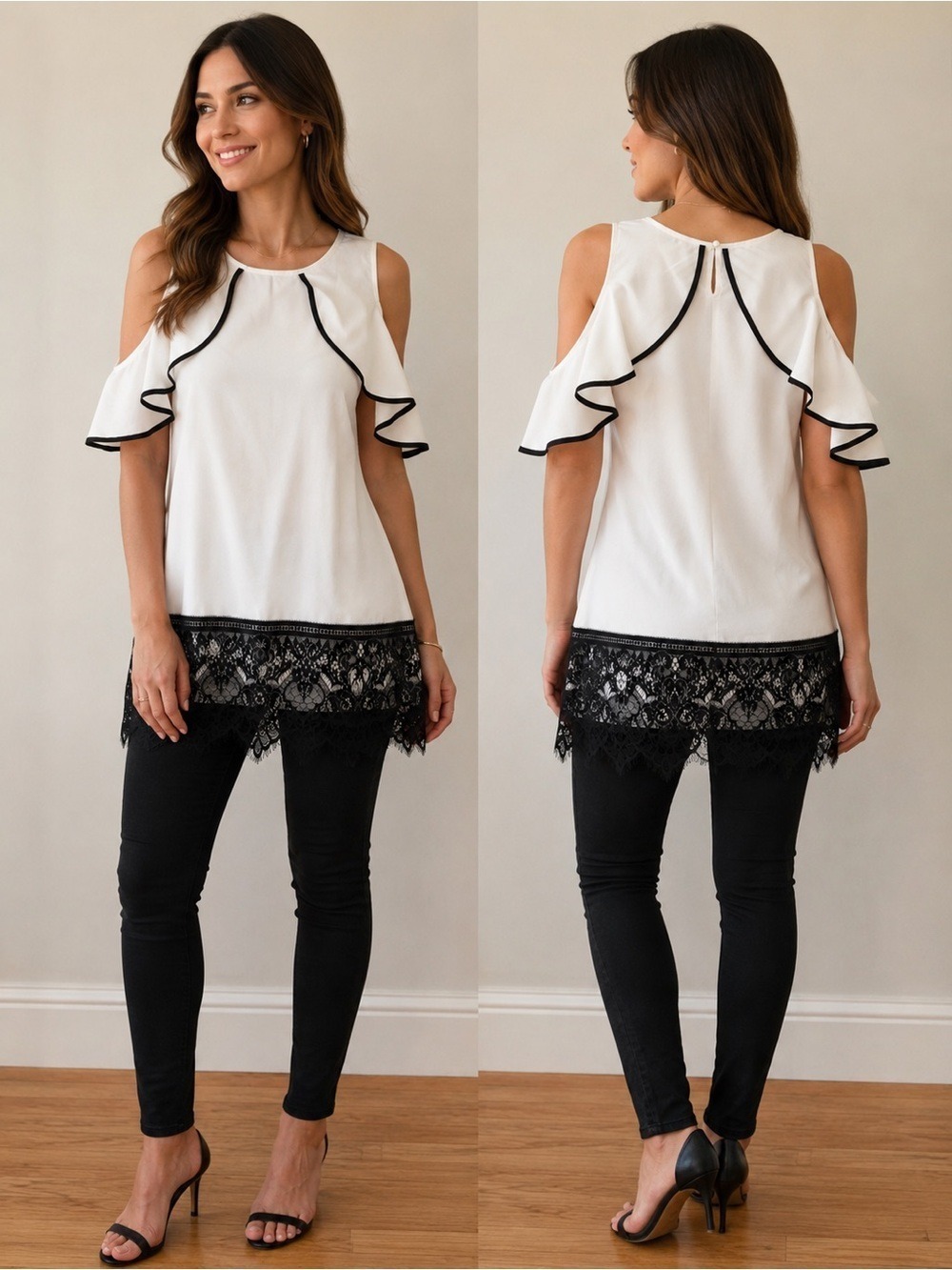 Women's White Cold Shoulder Top Lace Trim Medium NWT